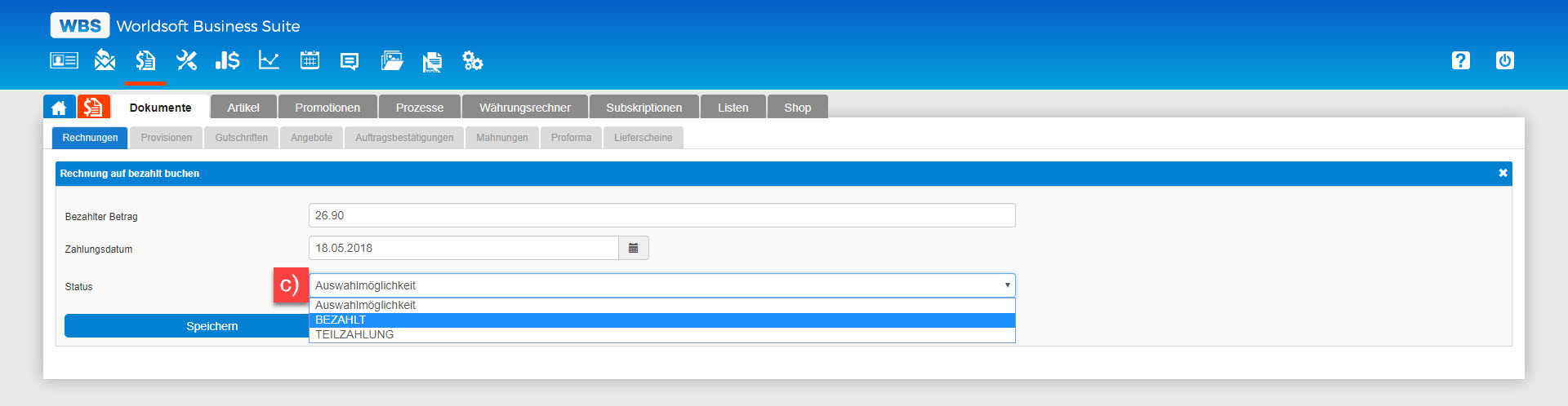 Rechnungen Status bearbeiten